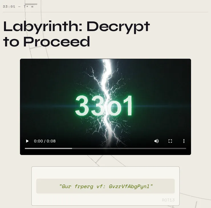 The Labyrinth step of 33o1 on 33o1.com, the first puzzle after the front page. Under a small "33:01 — T+ ∞" line, the heading "Labyrinth: Decrypt to Proceed" is set in heavy black type on a cream page crossed by faint clock-dial arcs. Below it an eight-second video, paused at the start, shows the 33o1 logo glowing green and split down the middle by a bolt of white lightning. Under the video a pale box holds one line of scrambled text in quotes, "Gur frperg vf: …", with ROT13 printed faintly in its corner.
