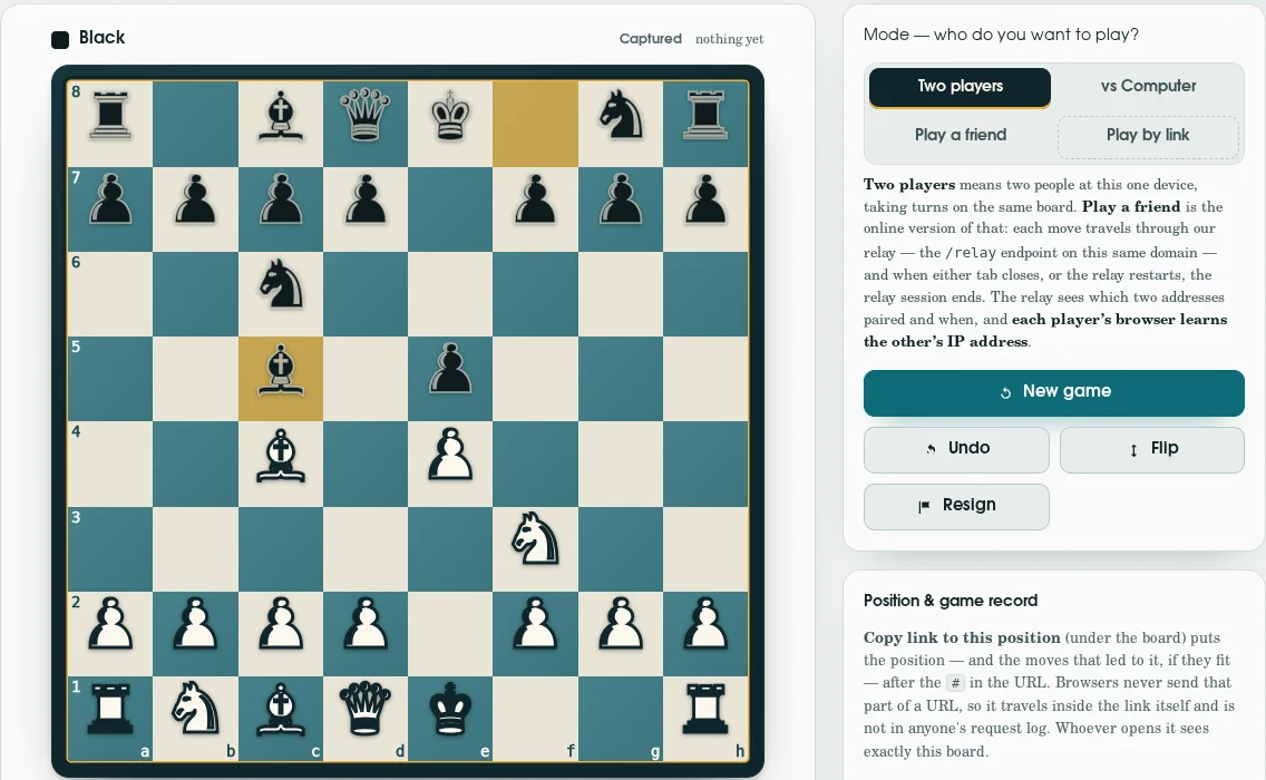The DANK CHESS play page on the live site after 1.e4 e5 2.Nf3 Nc6 3.Bc4 Bc5, the Italian Game: a teal and cream board with Black's last move, bishop from f8 to c5, lit in gold, beside the mode panel with Two players selected and vs Computer, Play a friend and Play by link next to it, above New game, Undo, Flip and Resign buttons.
