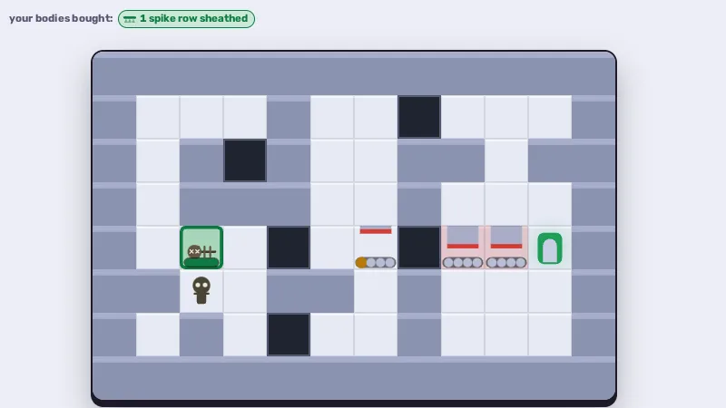 DEAD WEIGHT's first room on the live game, one death in: a grey-walled grid of pale floor tiles and black pits, the first body lying ringed in green on the spike row it now covers, the next skeleton standing on the tile just below it, three traps with turn-counter pips under them along the middle row, and the green exit door at the far right. A chip above the room reads "your bodies bought: 1 spike row sheathed".